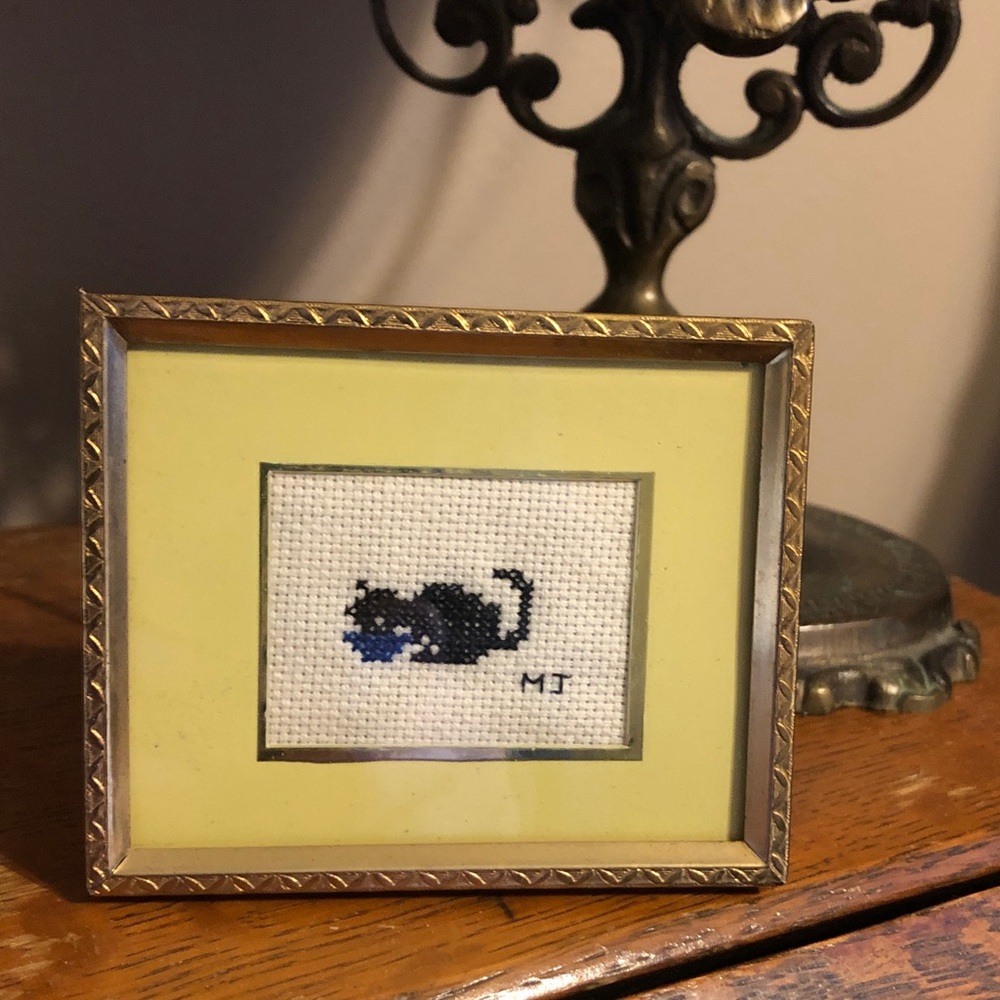 Vintage Small Frame Cross Stitch Black Cat / Kitten